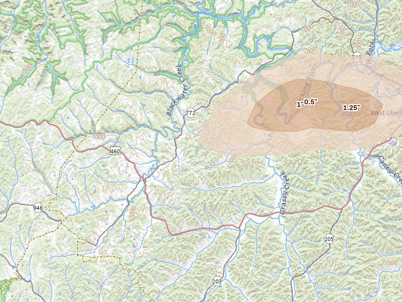 Radar-estimated hail-size map of the storm over Ezel, KY on Apr 1, 2026