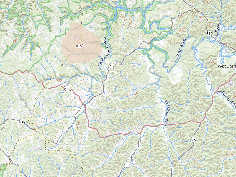 Radar-estimated hail-size map of the storm over Ezel, KY on Aug 15, 2026