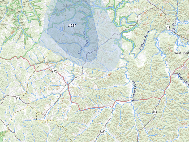 NEXRAD radar-signature map of the hail storm over Ezel, KY on Aug 15, 2026