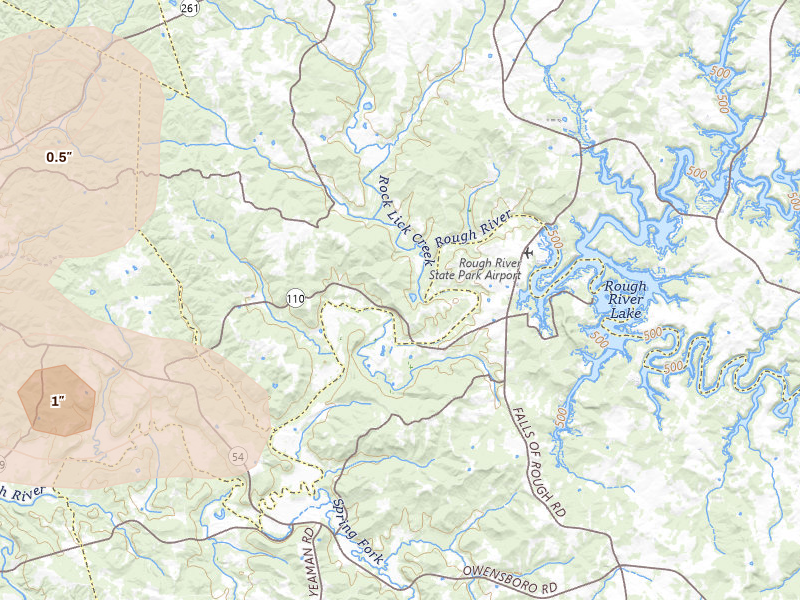 Radar-estimated hail-size map of the storm over Falls Of Rough, KY on Jul 9, 2026