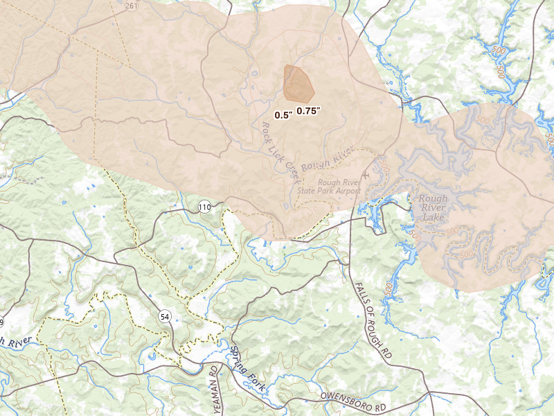 Radar-estimated hail-size map of the storm over Falls Of Rough, KY on Jul 21, 2026