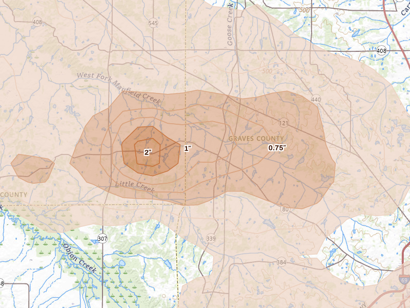 Radar-estimated hail-size map of the storm over Fancy Farm, KY on Jun 8, 2026