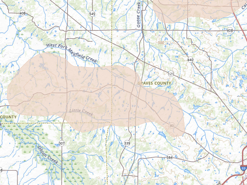 Radar-estimated hail-size map of the storm over Fancy Farm, KY on Aug 19, 2026