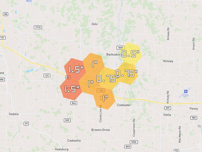 Hail map of Farmington, KY on Jun 9, 2026, hail up to 1.5"