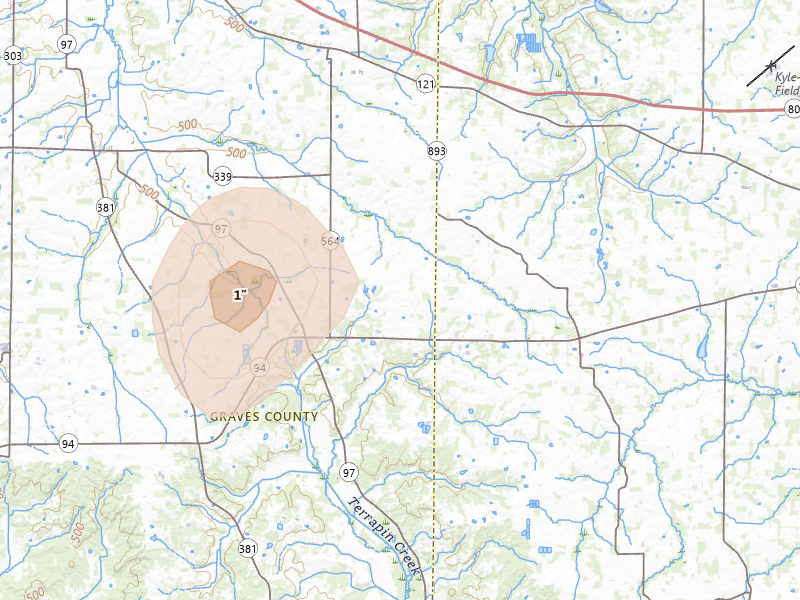 Radar-estimated hail-size map of the storm over Farmington, KY on Jul 3, 2026