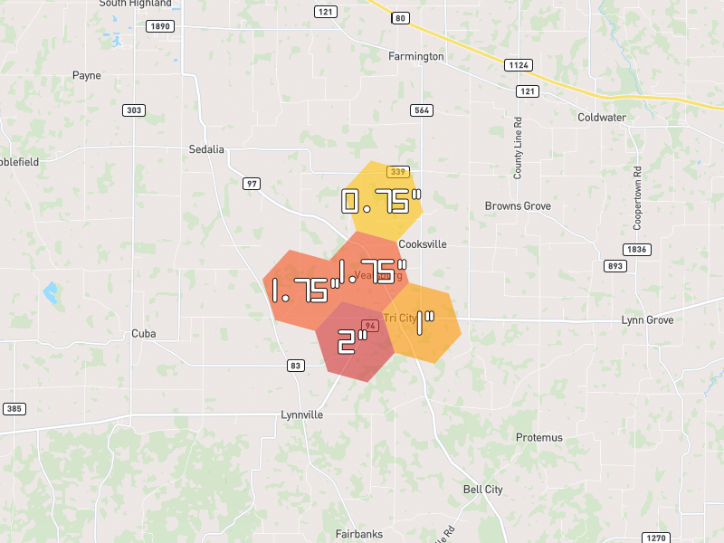 Hail map of Farmington, KY on Jul 3, 2026, hail up to 2"