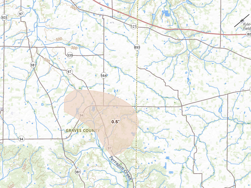 Radar-estimated hail-size map of the storm over Farmington, KY on Jul 5, 2026