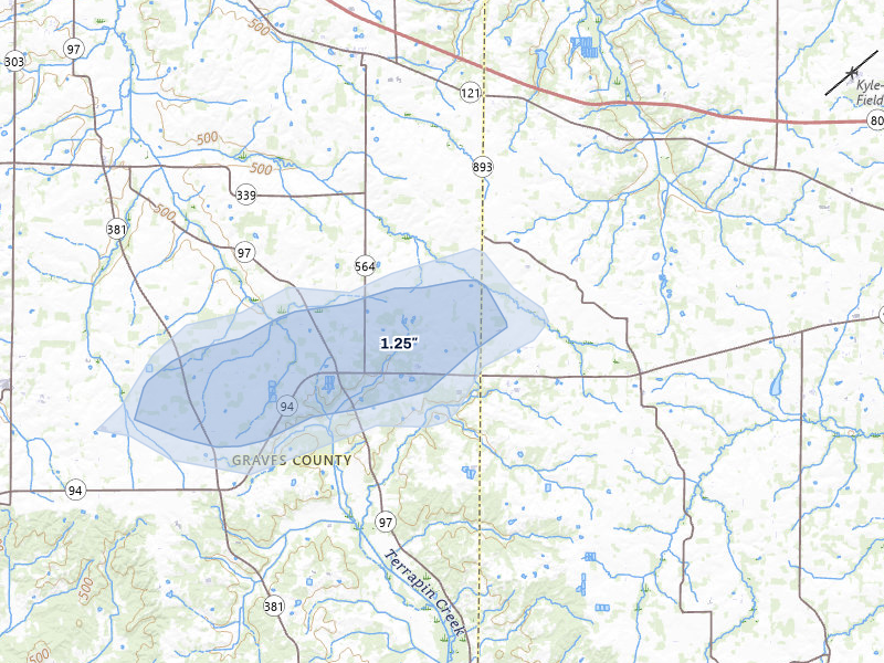 NEXRAD radar-signature map of the hail storm over Farmington, KY on Jul 5, 2026