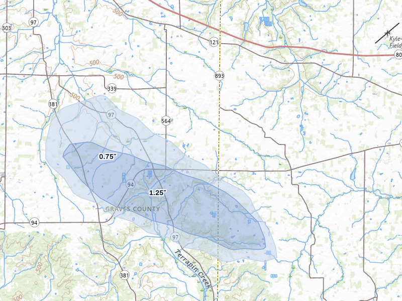 NEXRAD radar-signature map of the hail over Farmington, KY