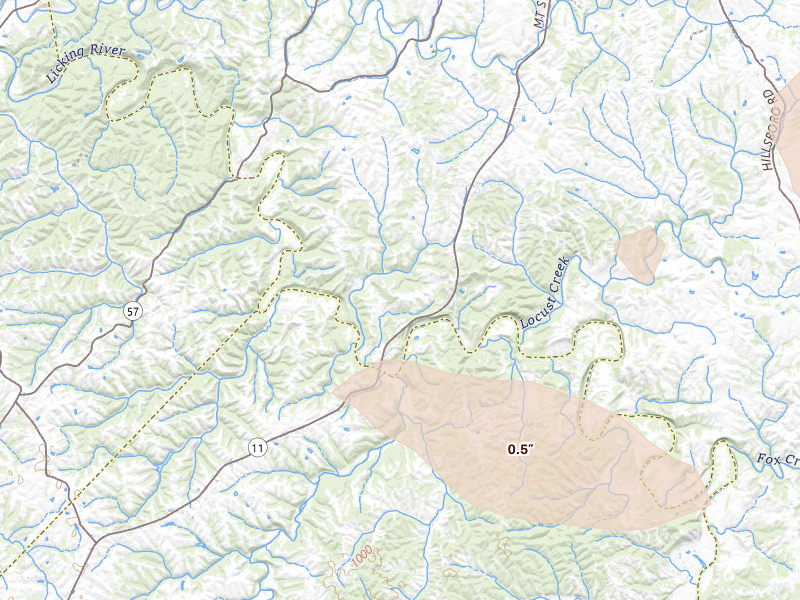 Radar-estimated hail-size map of the storm over Flemingsburg, KY on Aug 22, 2026