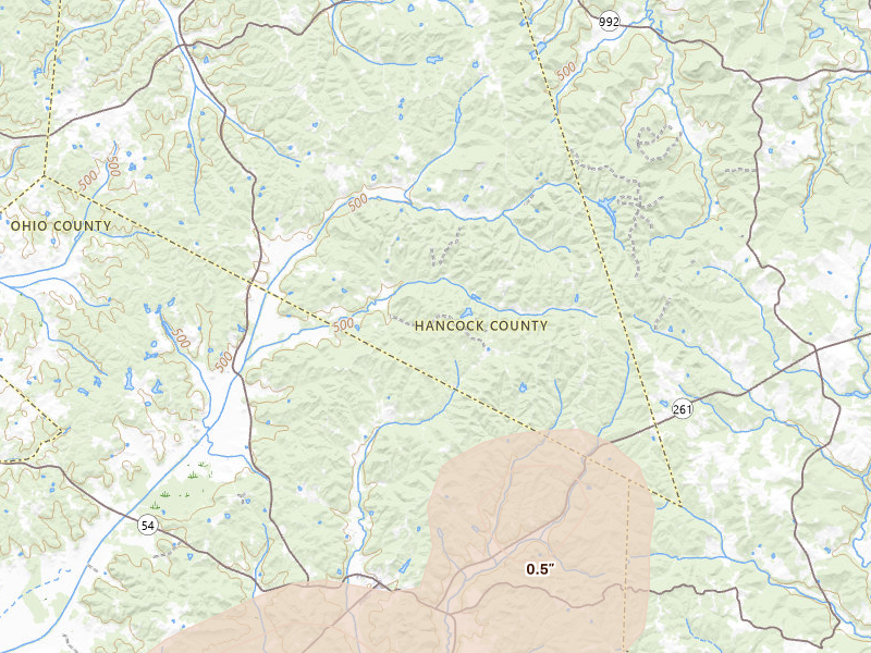 Radar-estimated hail-size map of the storm over Fordsville, KY on Jul 9, 2026