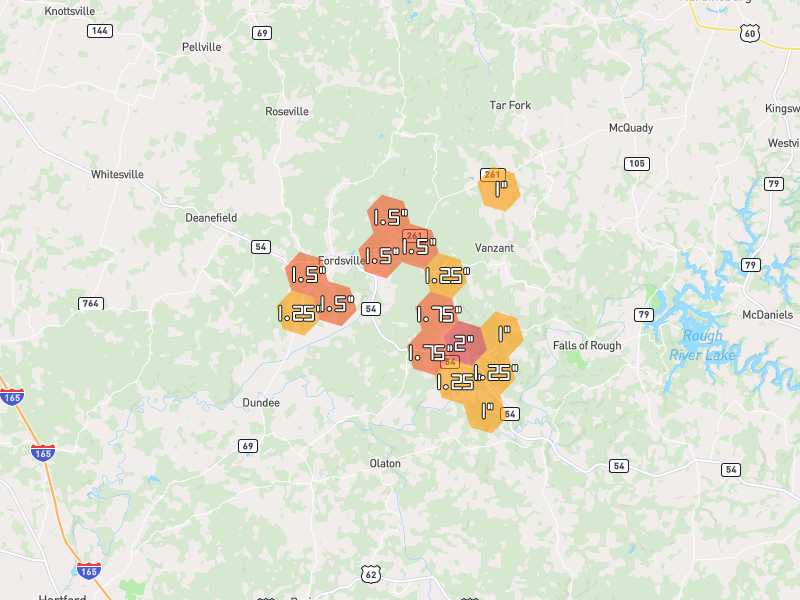 Hail map of Fordsville, KY on Jul 10, 2026, hail up to 2"