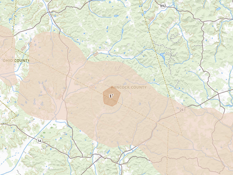 Radar-estimated hail-size map of the storm over Fordsville, KY on Jul 21, 2026