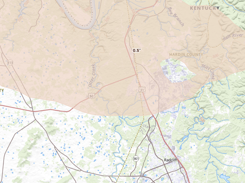Radar-estimated hail-size map of the storm over Fort Knox, KY on Jul 21, 2026
