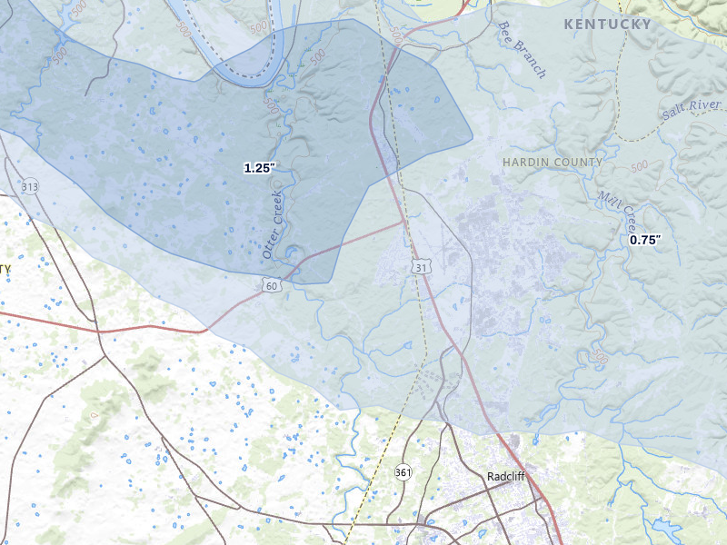 NEXRAD radar-signature map of the hail over Fort Knox, KY