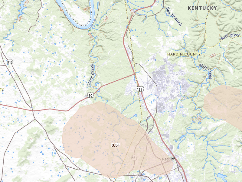 Radar-estimated hail-size map of the storm over Fort Knox, KY on Aug 12, 2026