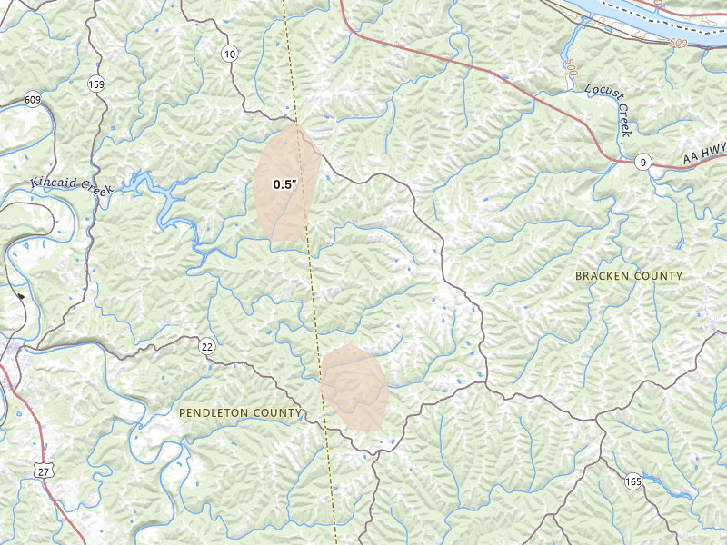 Radar-estimated hail-size map of the storm over Foster, KY on Aug 11, 2026