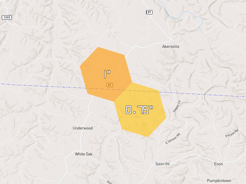 Hail map of Fountain Run, KY on Jun 27, 2026, hail up to 1"
