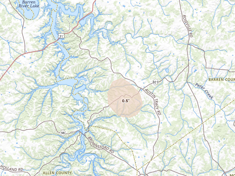 Radar-estimated hail-size map of the storm over Fountain Run, KY on Jul 10, 2026