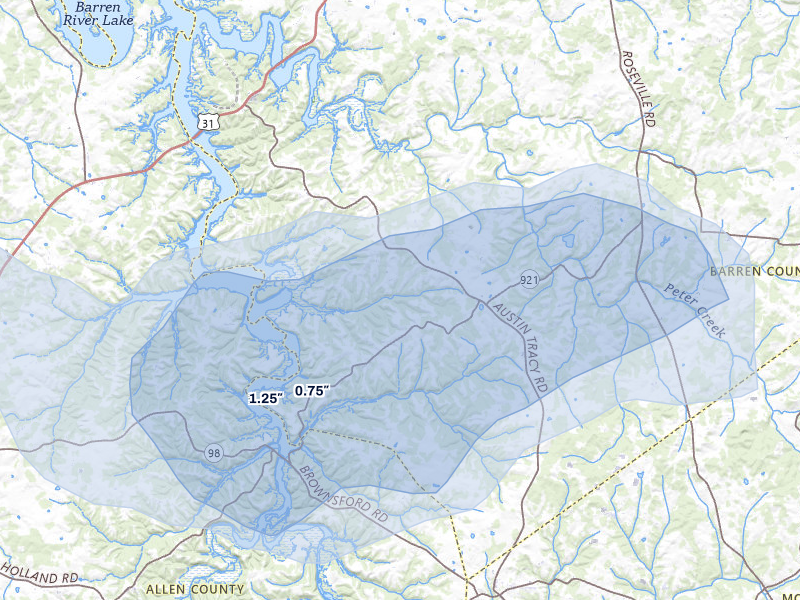 NEXRAD radar-signature map of the hail over Fountain Run, KY