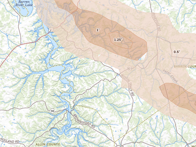 Radar-estimated hail-size map of the storm over Fountain Run, KY on Jul 11, 2026