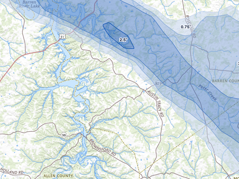 NEXRAD radar-signature map of the hail over Fountain Run, KY