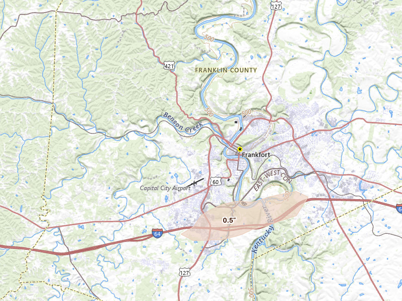 Radar-estimated hail-size map of the storm over Frankfort, KY on Jun 11, 2026