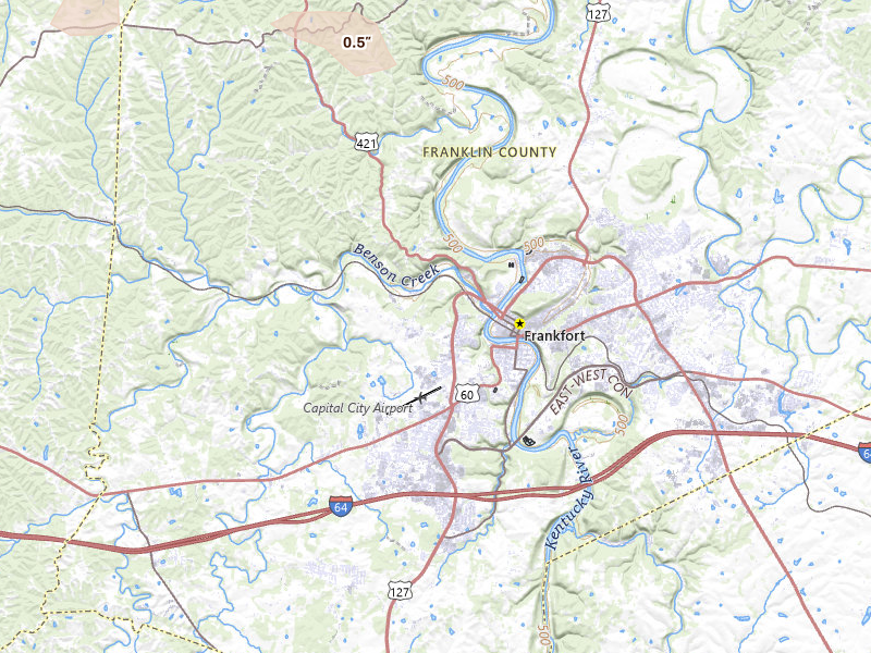 Radar-estimated hail-size map of the storm over Frankfort, KY on Jul 27, 2026