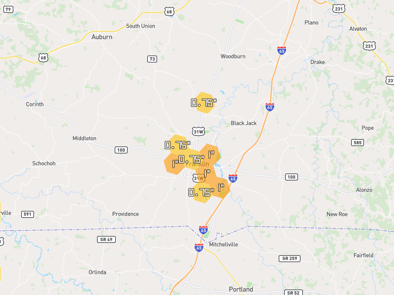 Hail map of Franklin, KY on Jun 9, 2026, hail up to 1"