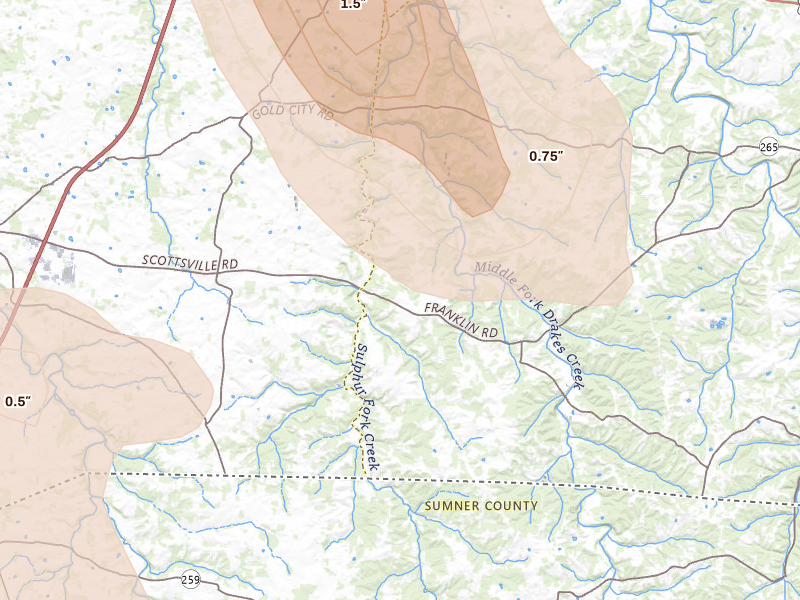 Radar-estimated hail-size map of the storm over Franklin, KY on Jul 21, 2026