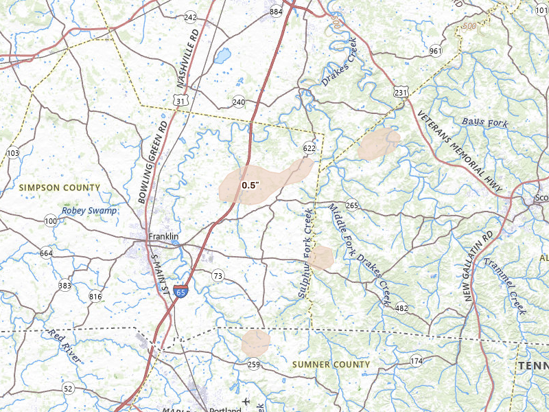 Radar-estimated hail-size map of the storm over Franklin, KY on Aug 8, 2026