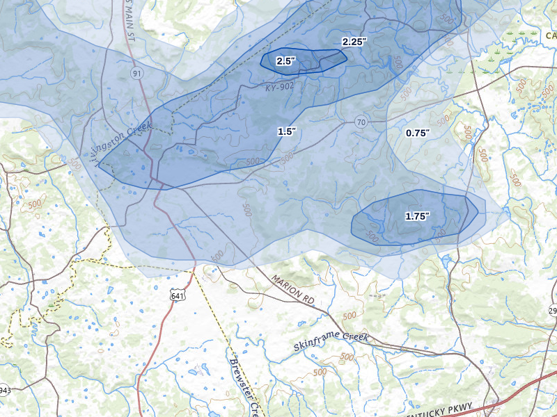 NEXRAD radar-signature map of the hail over Fredonia, KY