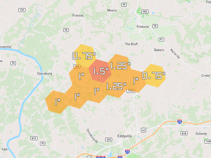Hail map of Fredonia, KY on Jul 4, 2026, hail up to 1.5"