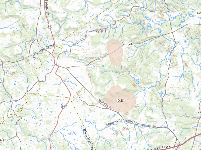Radar-estimated hail-size map of the storm over Fredonia, KY on Jul 5, 2026