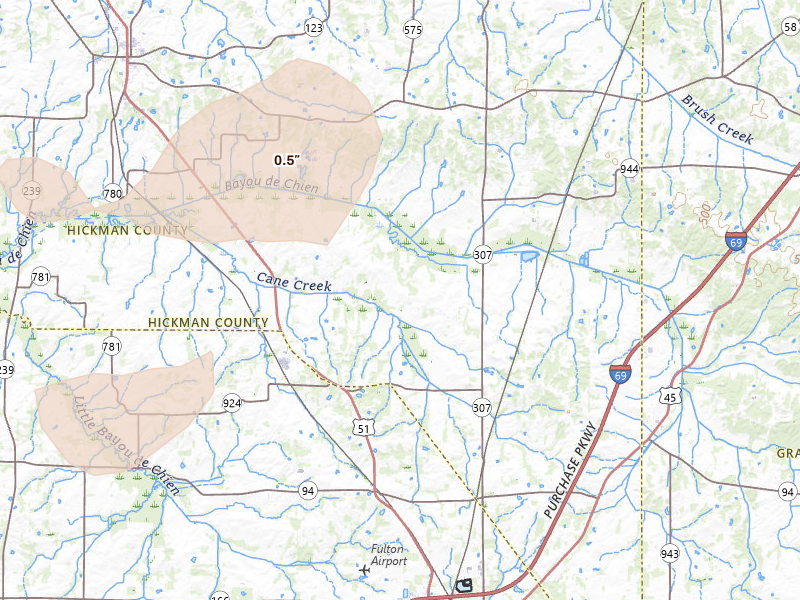 Radar-estimated hail-size map of the storm over Fulton, KY on Jun 1, 2026