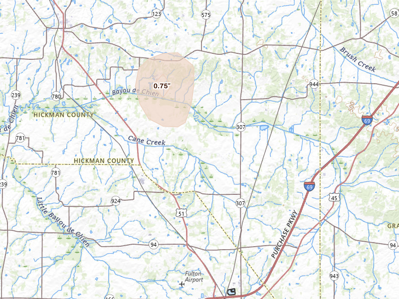Radar-estimated hail-size map of the storm over Fulton, KY on Jul 3, 2026