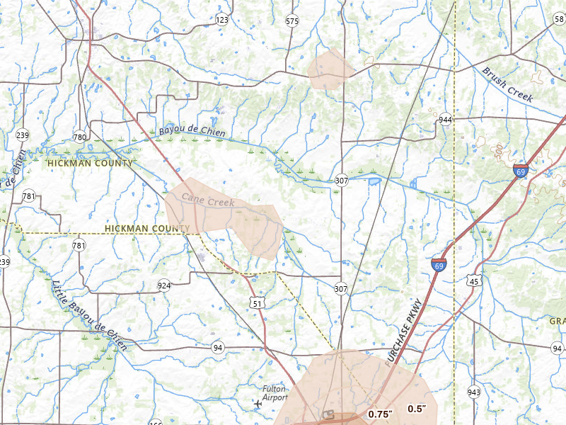 Radar-estimated hail-size map of the storm over Fulton, KY on Aug 8, 2026