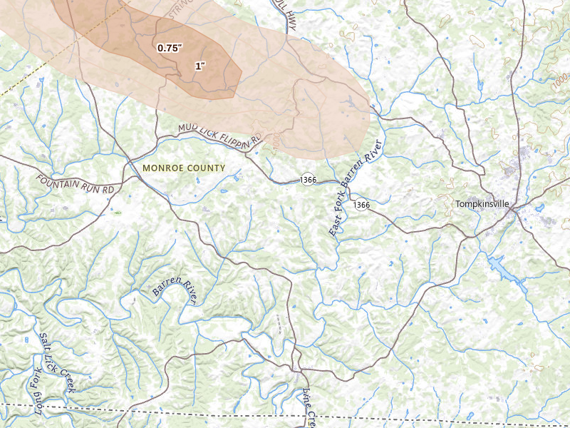 Radar-estimated hail-size map of the storm over Gamaliel, KY on Jul 11, 2026