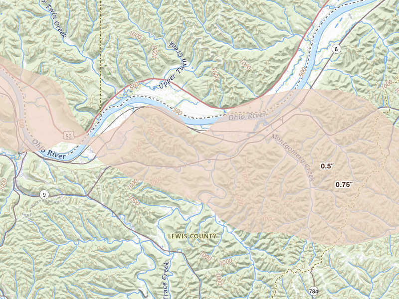 Radar-estimated hail-size map of the storm over Garrison, KY on Jul 21, 2026