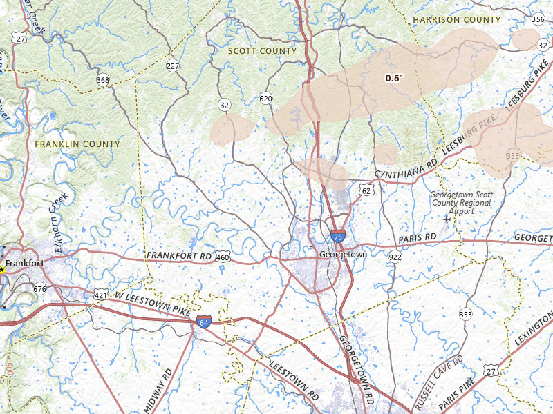 Radar-estimated hail-size map of the storm over Georgetown, KY on May 16, 2026