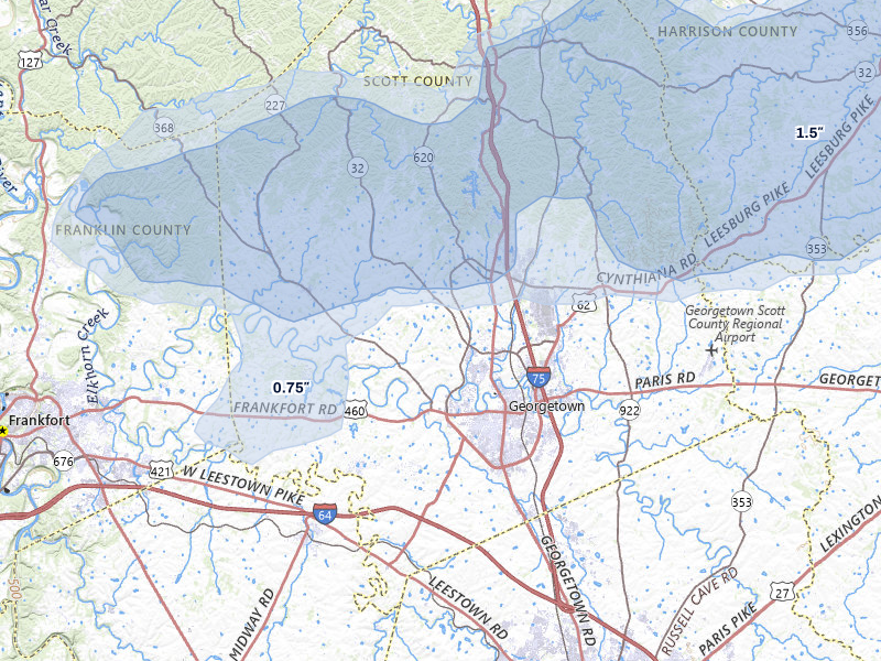 NEXRAD radar-signature map of the hail storm over Georgetown, KY on May 16, 2026