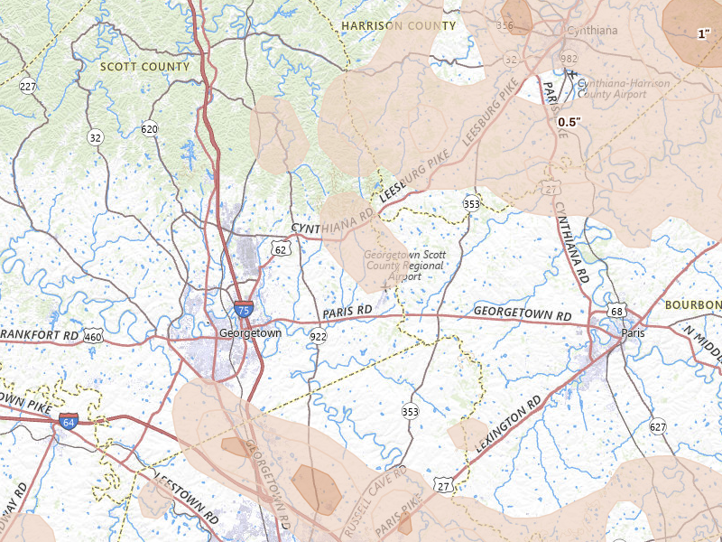 Radar-estimated hail-size map of the storm over Georgetown, KY on Aug 11, 2026