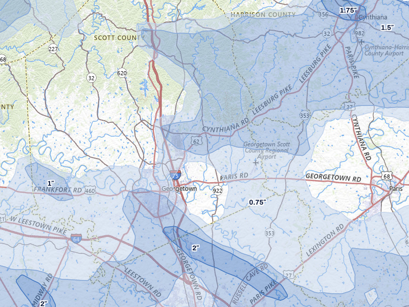 NEXRAD radar-signature map of the hail storm over Georgetown, KY on Aug 11, 2026