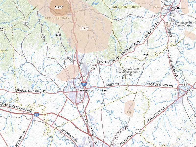 Radar-estimated hail-size map of the storm over Georgetown, KY on Aug 15, 2026