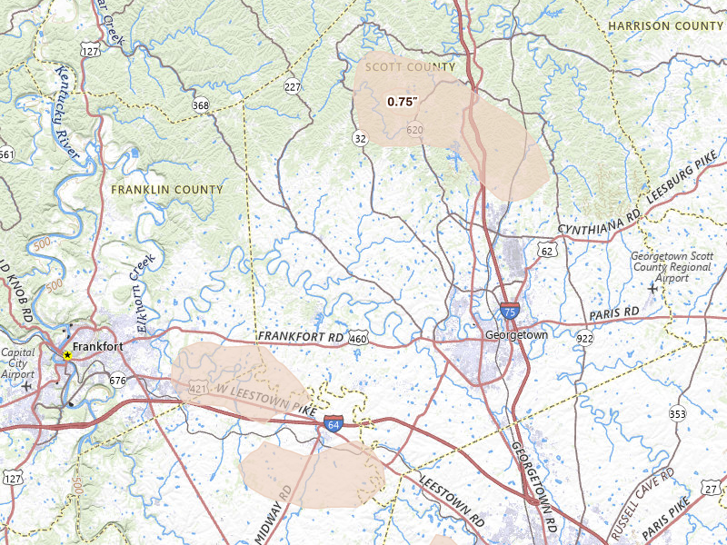 Radar-estimated hail-size map of the storm over Georgetown, KY on Aug 16, 2026