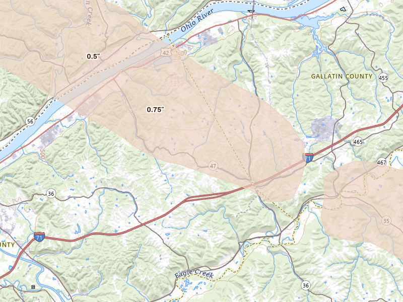 Radar-estimated hail-size map of the storm over Ghent, KY on Jul 21, 2026
