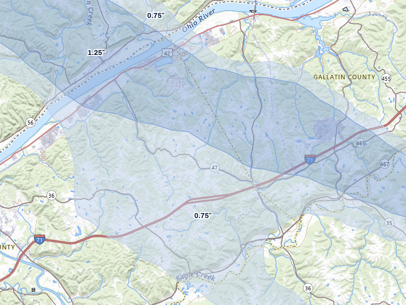 NEXRAD radar-signature map of the hail over Ghent, KY
