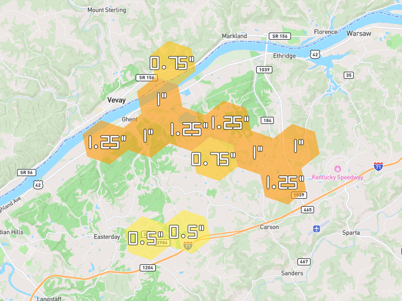 Hail map of Ghent, KY on Jul 21, 2026, hail up to 1.25"