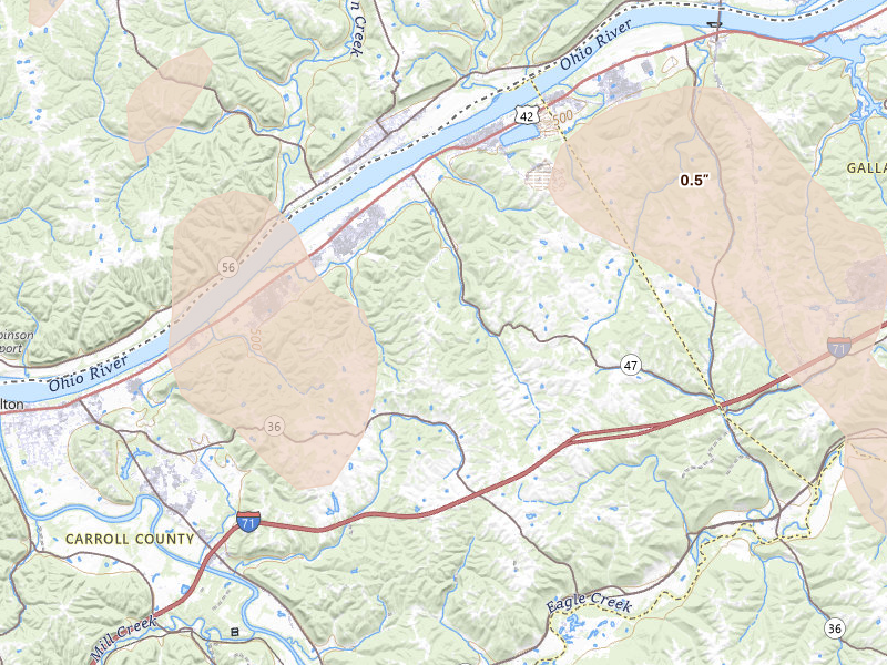 Radar-estimated hail-size map of the storm over Ghent, KY on Aug 11, 2026