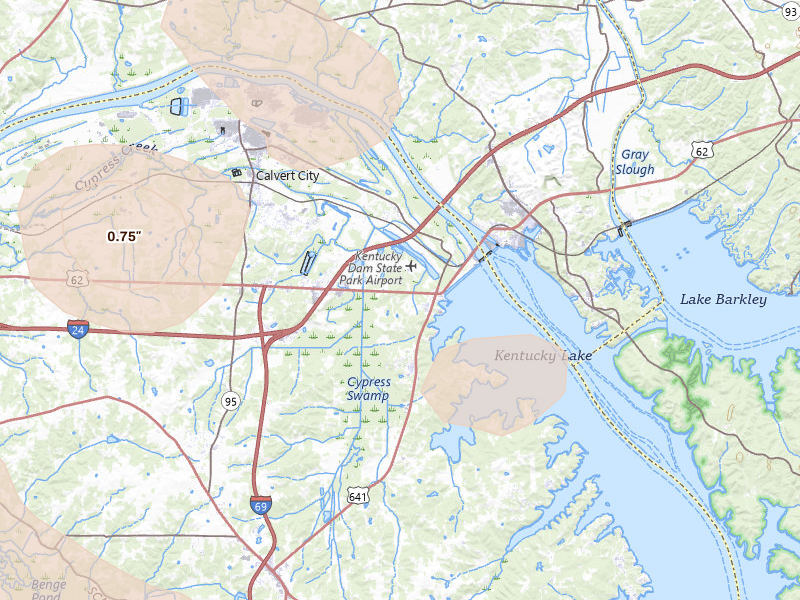 Radar-estimated hail-size map of the storm over Gilbertsville, KY on May 31, 2026